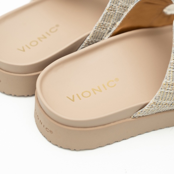 Vionic - Riviera Canvas Cream Gold Slide Sandals Size 10W - Picture 11 of 13